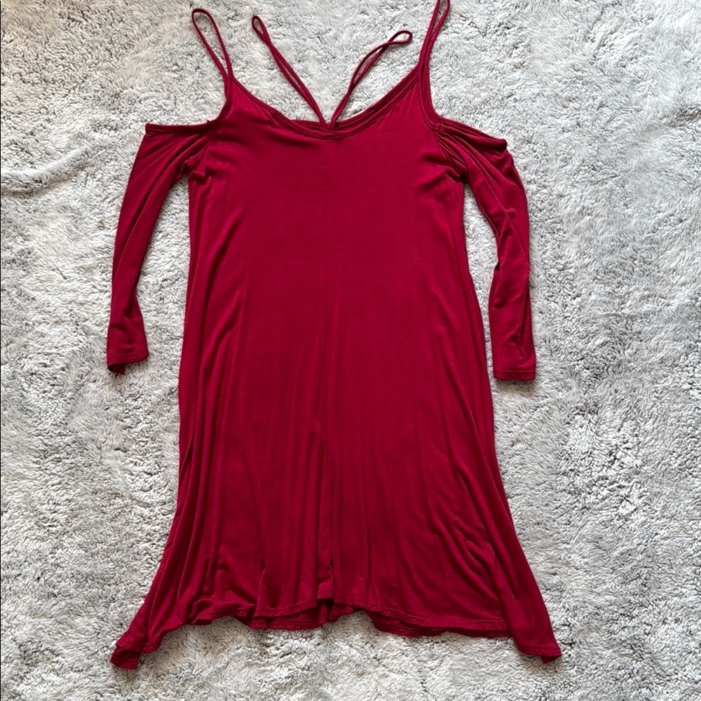 Red Cold Shoulder Half-Sleeve Mini Dress!
